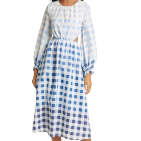 STAUD blanche blue white cottagecore ombre gingham check cutout midi dress small - Picture 5 of 15